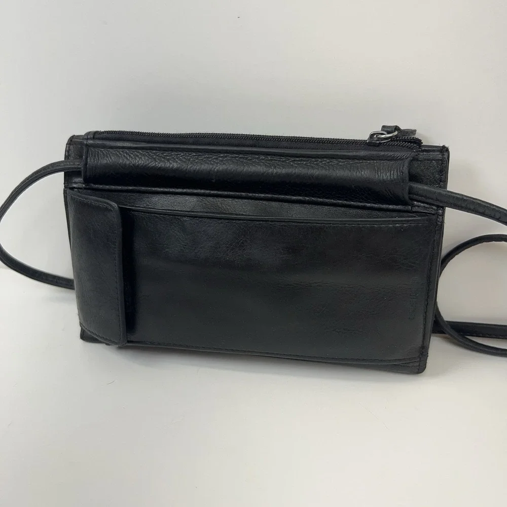 FOSSIL Leather Wallet Clutch Removable Crossbody Shoulder Strap‎ Organizer Black
